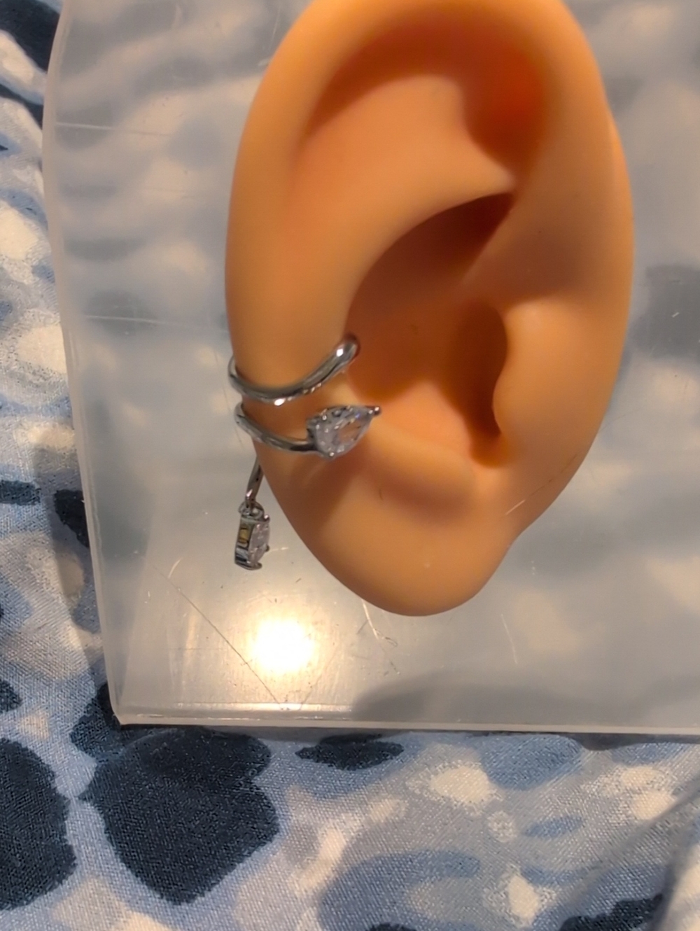 Silver Tone Cubic Zirconia Double Hoop Ear Cuff with Dangling Charm
